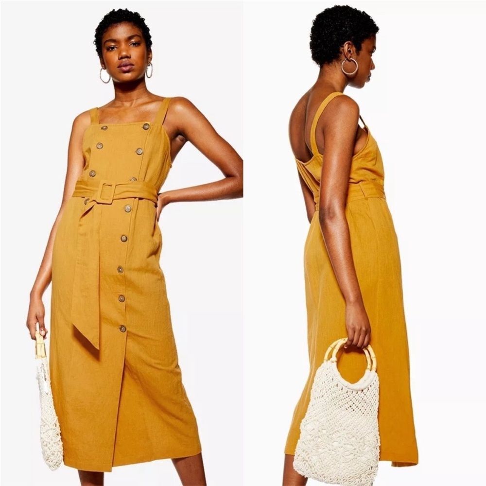 Topshop Mustard Button Front Midi Dress Size 12